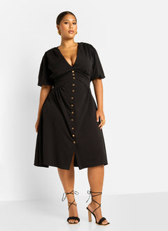 Nila Button Detail Skater Midi Dress - Black