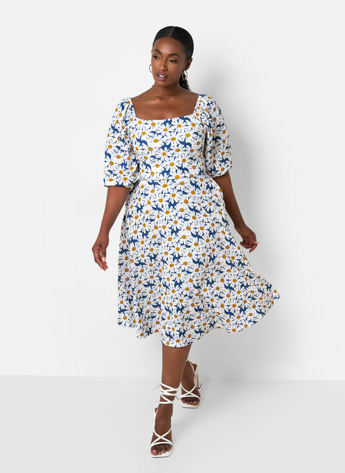 Arya Floral Print Skater Midi Dress W. Pockets