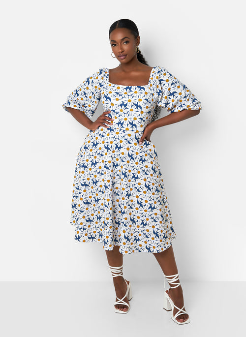 Arya Floral Print Skater Midi Dress W. Pockets