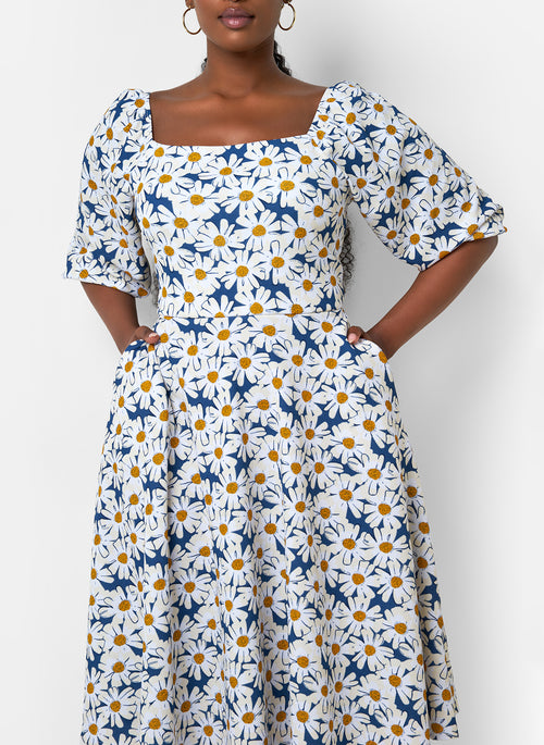 Arya Floral Print Skater Midi Dress W. Pockets