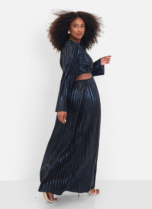 Octavia Metallic Plisse Open Back Maxi Shift Dress - Black