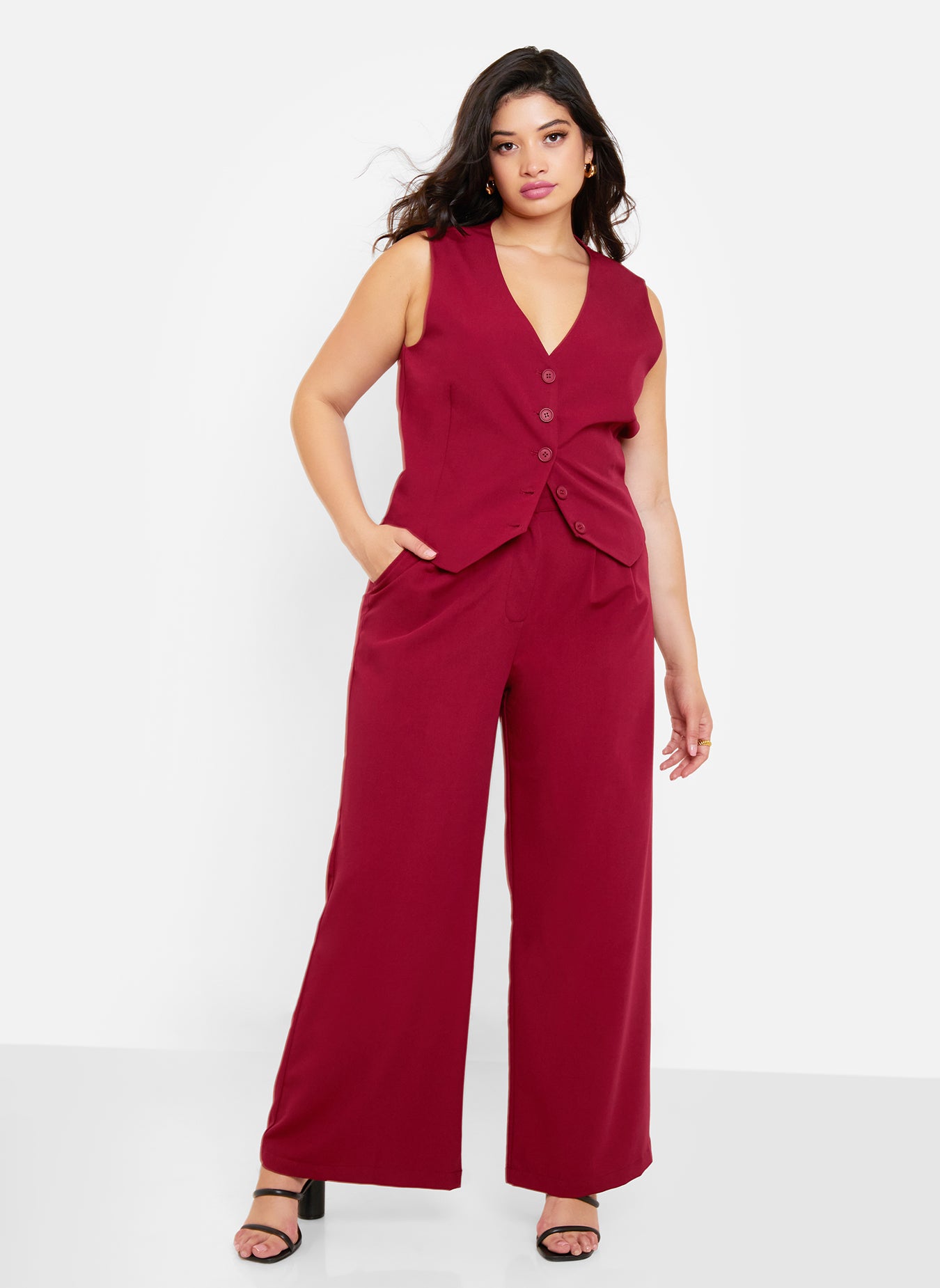 Office Babe Wide Leg Trousers - Burgundy