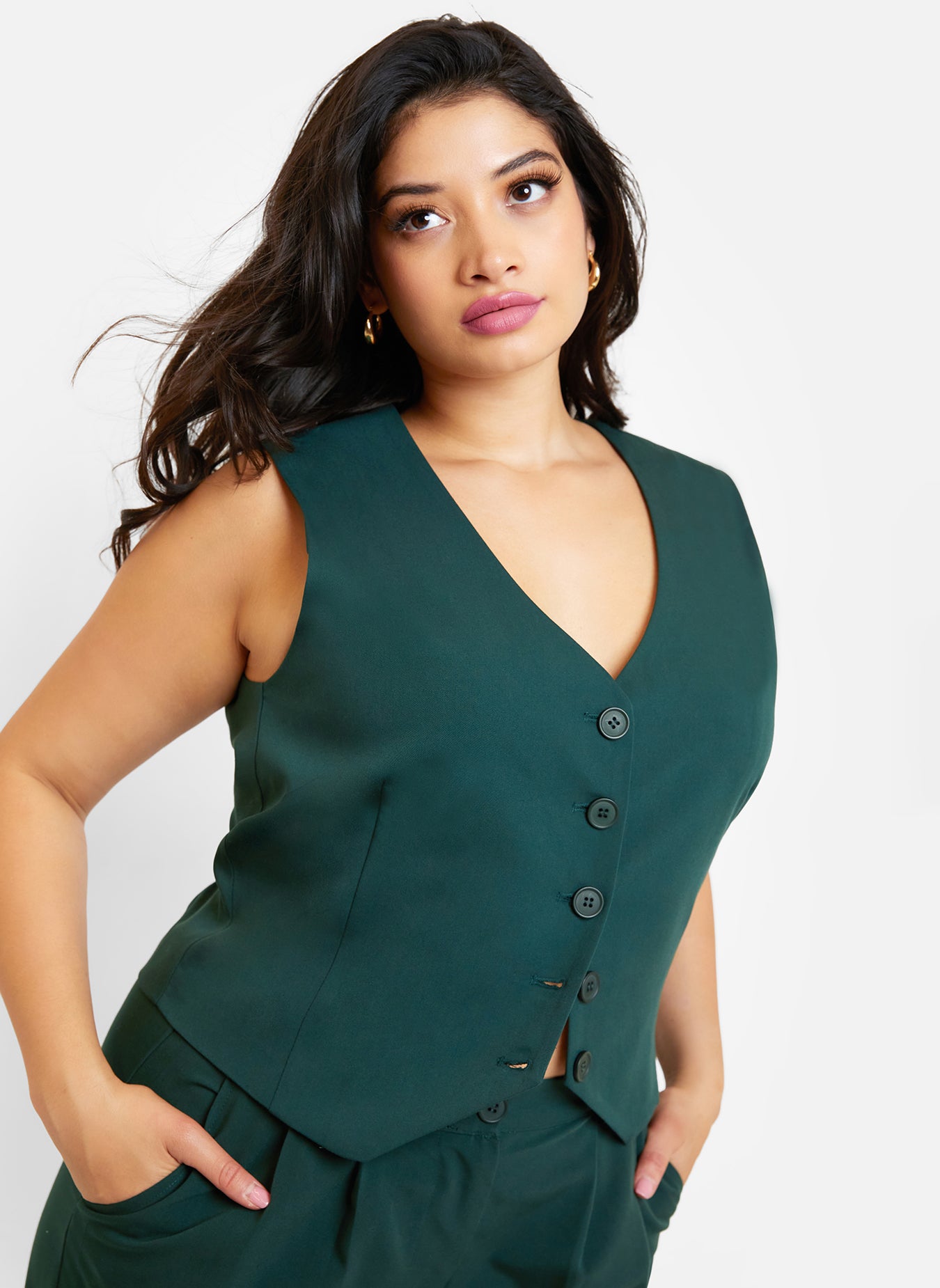 Office Babe Button Up Vest - Forest Green