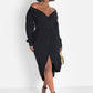 Onyx Over The Shoulder Draped Midi Dress