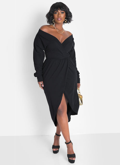 Onyx Over The Shoulder Draped Midi Dress