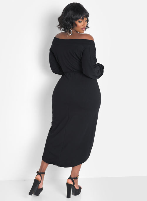 Onyx Over The Shoulder Draped Midi Dress