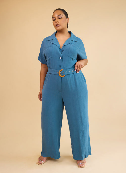 Padma Linen Belted Jumpsuit - Cadet Blue