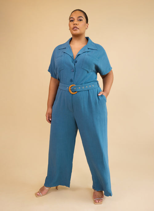 Padma Linen Belted Jumpsuit - Cadet Blue