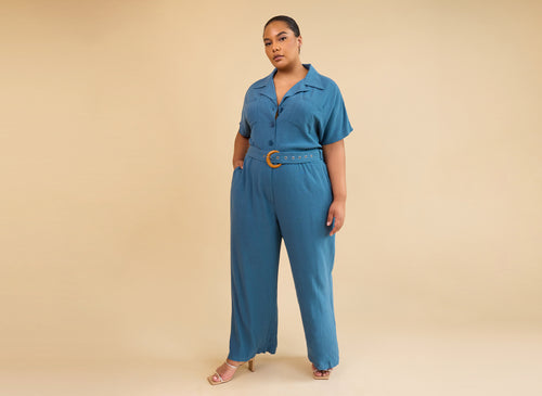 Padma Linen Belted Jumpsuit - Cadet Blue