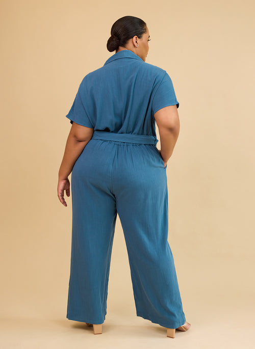 Padma Linen Belted Jumpsuit - Cadet Blue