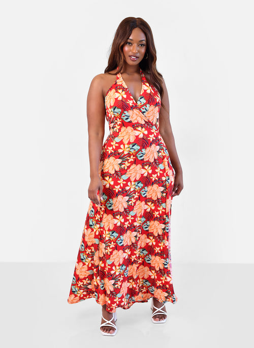 Paradise Tropical Print Wrap Maxi Dress