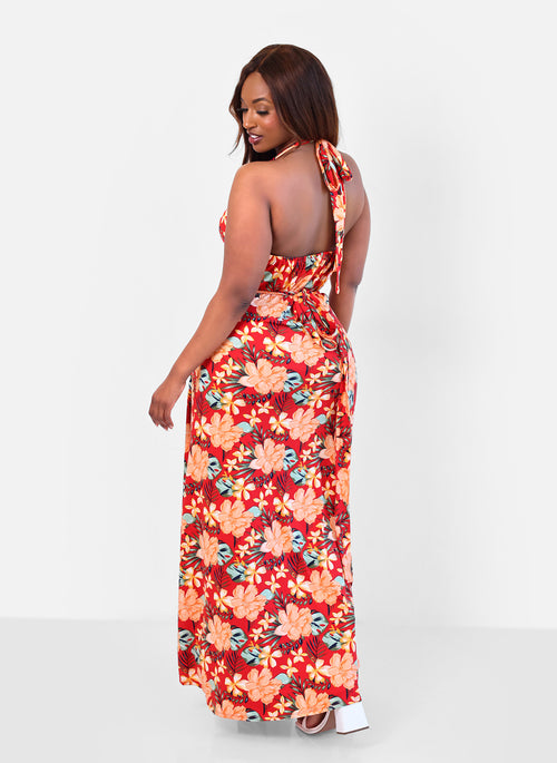 Paradise Tropical Print Wrap Maxi Dress