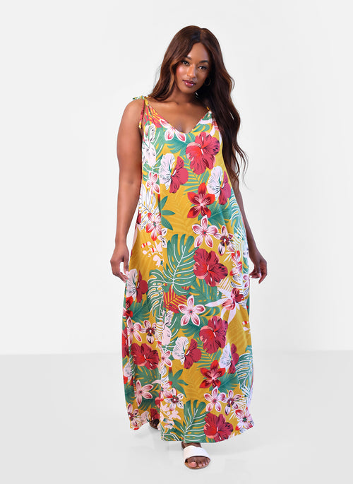 Getaway Tropical Print Slip Maxi Dress