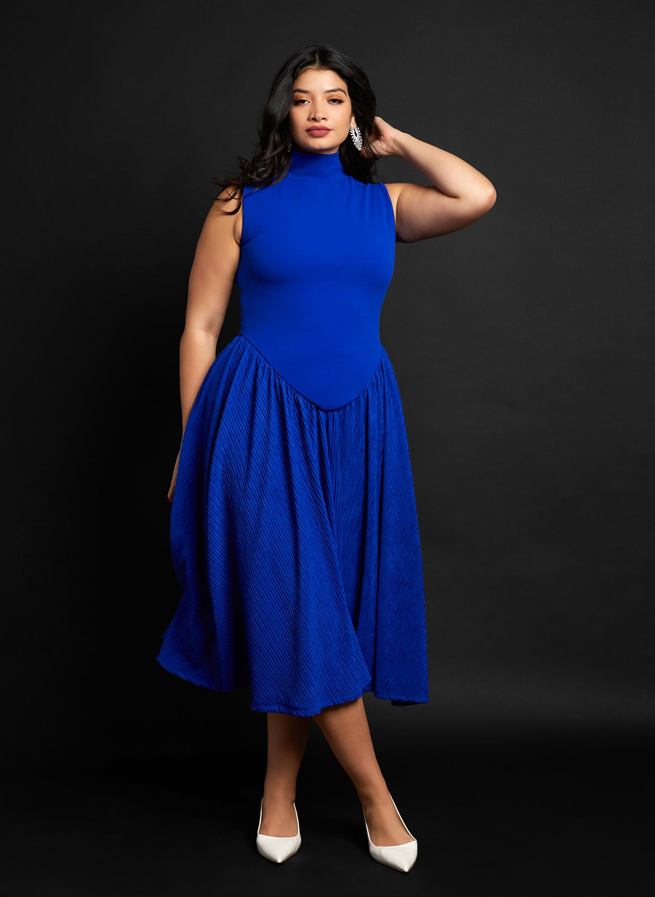 Pisces Crepe High Neck Midi Skater Dress