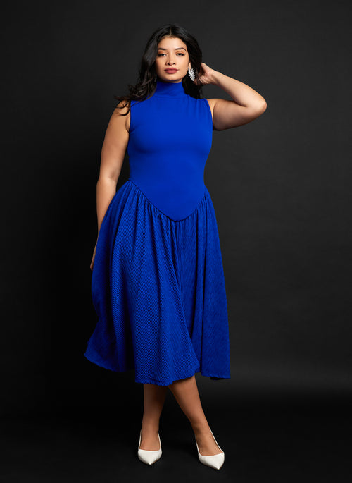 Pisces Crepe High Neck Midi Skater Dress