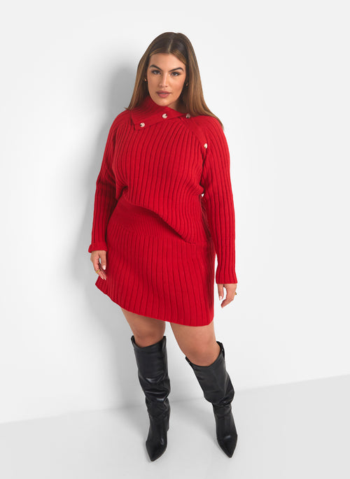 Posey Knit Button Detail Oversized Sweater - Red