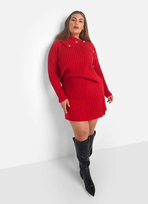 Posey Knit Button Detail Oversized Sweater - Red