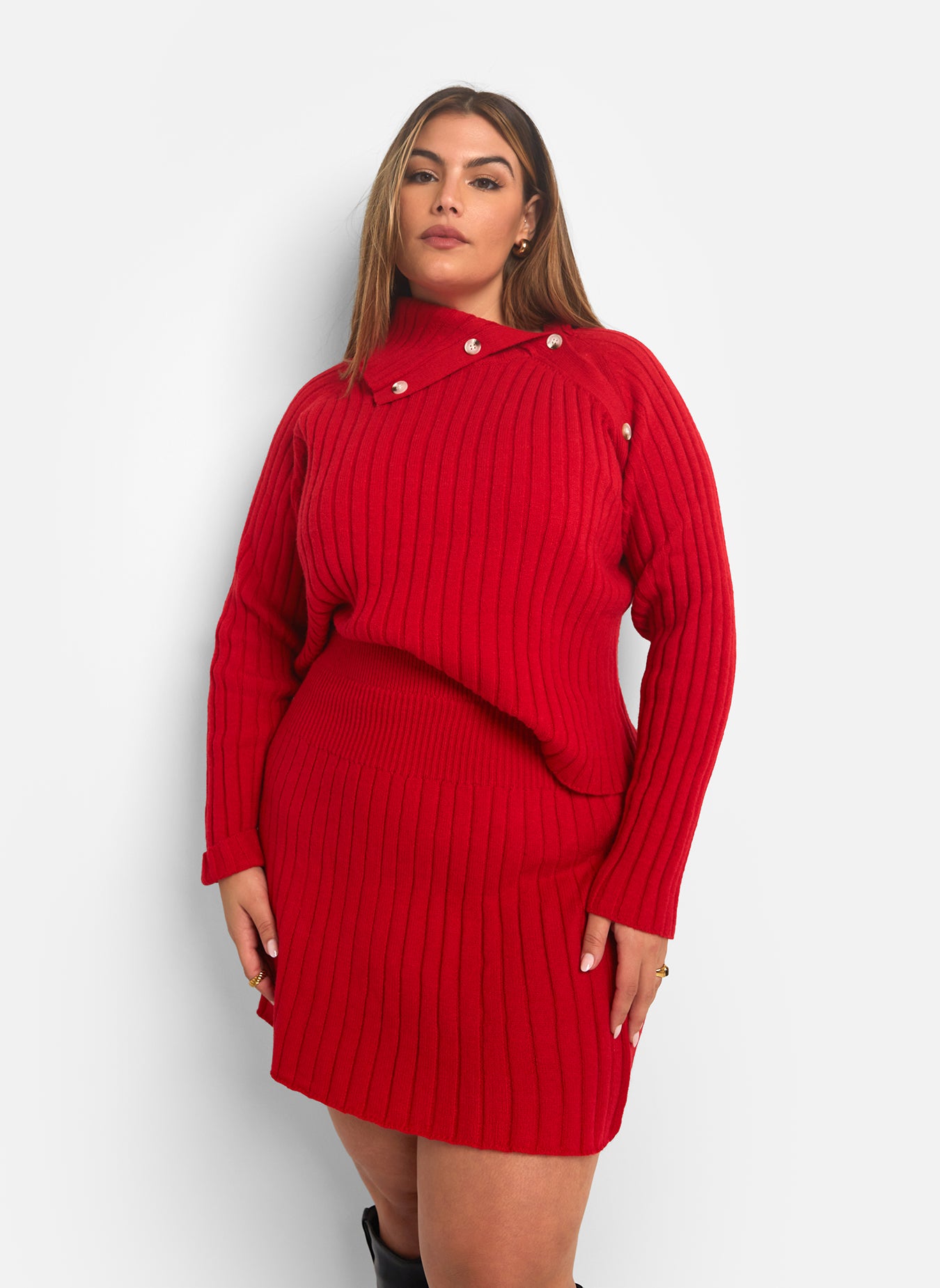 Posey Knit Button Detail Oversized Sweater - Red