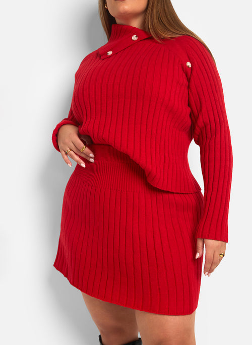 Posey Knit Button Detail Oversized Sweater - Red