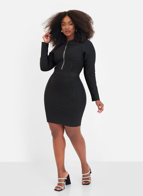 Pressure Long Sleeve Zipper Bodice Bandage Mini Dress - Black