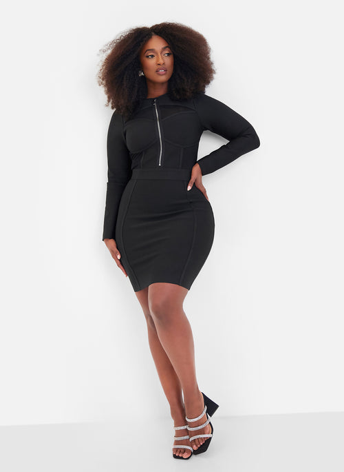 Pressure Long Sleeve Zipper Bodice Bandage Mini Dress - Black