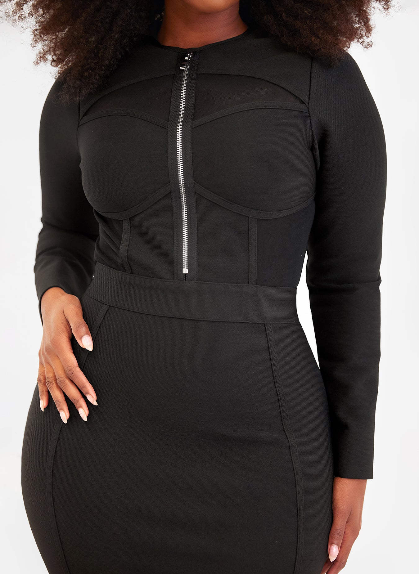 Pressure Long Sleeve Zipper Bodice Bandage Mini Dress - Black
