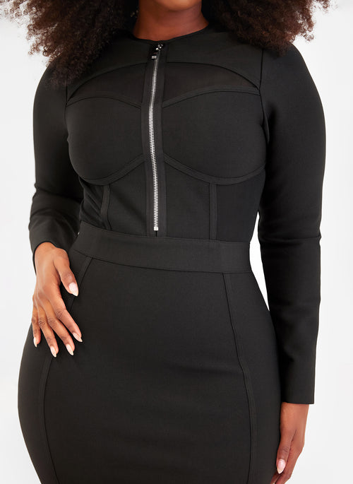 Pressure Long Sleeve Zipper Bodice Bandage Mini Dress - Black