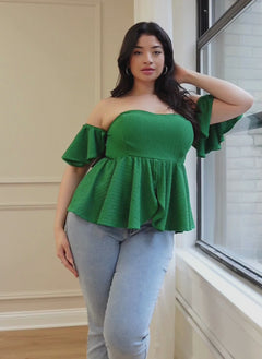 Dina Textured Off Shoulder Peplum Top - Pine Green