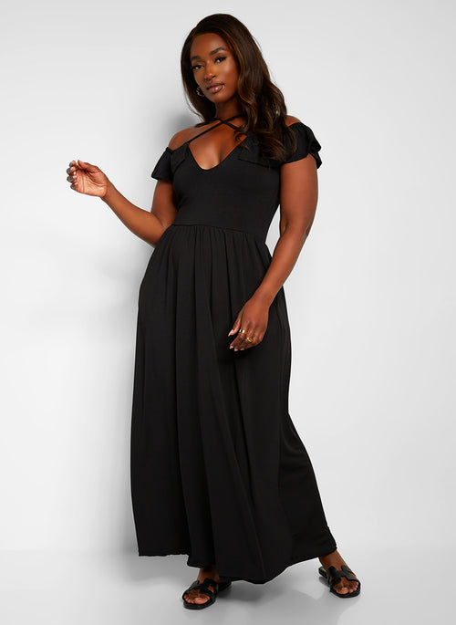 Pure Intentions Ruffle Sleeve Maxi A Line Dress W. Pockets - Black