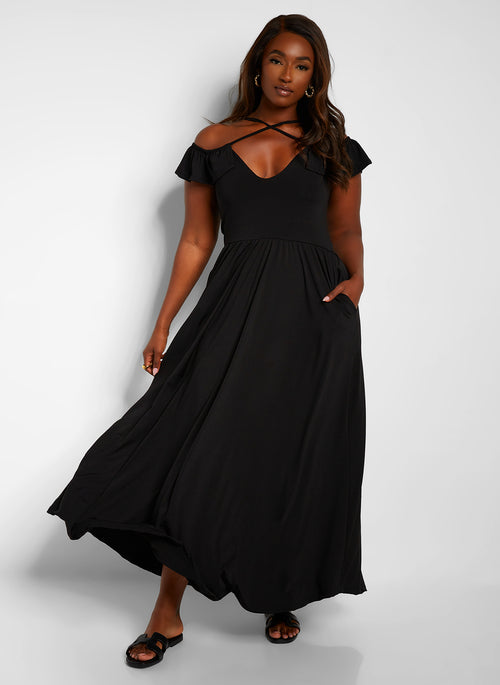 Pure Intentions Ruffle Sleeve Maxi A Line Dress W. Pockets - Black