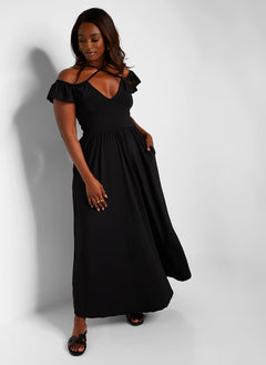 Pure Intentions Ruffle Sleeve Maxi A Line Dress W. Pockets - Black