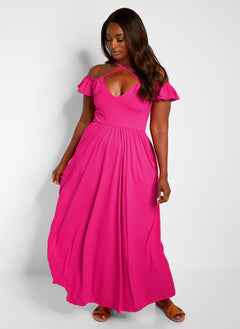 Pure Intentions Ruffle Sleeve Maxi A Line Dress W. Pockets - Fuchsia
