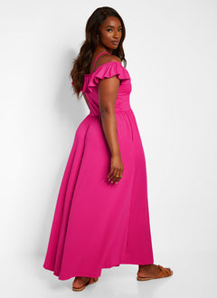 Pure Intentions Ruffle Sleeve Maxi A Line Dress W. Pockets - Fuchsia