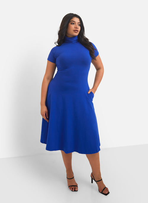 Queen Bae Turtleneck Skater Midi Dress - Royal Blue