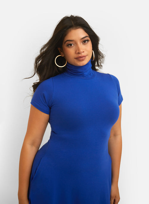 Queen Bae Turtleneck Skater Midi Dress - Royal Blue