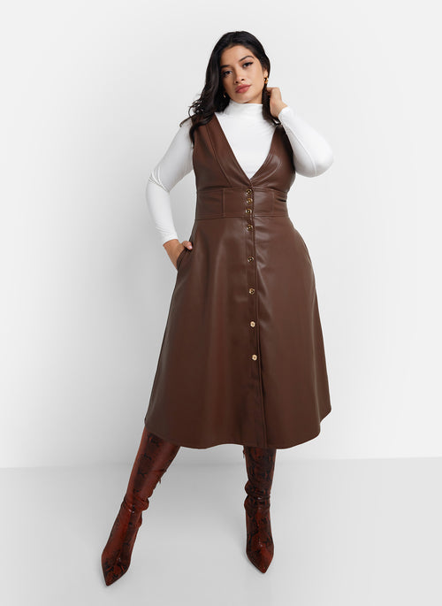 Quinn Vegan Leather Button Front Pinafore Dress - Chocolate