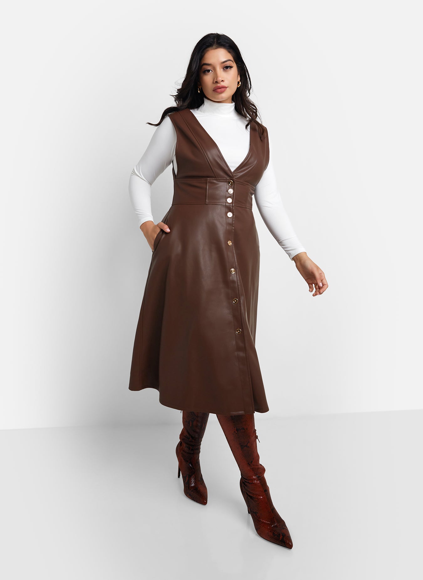 Quinn Vegan Leather Button Front Pinafore Dress - Chocolate
