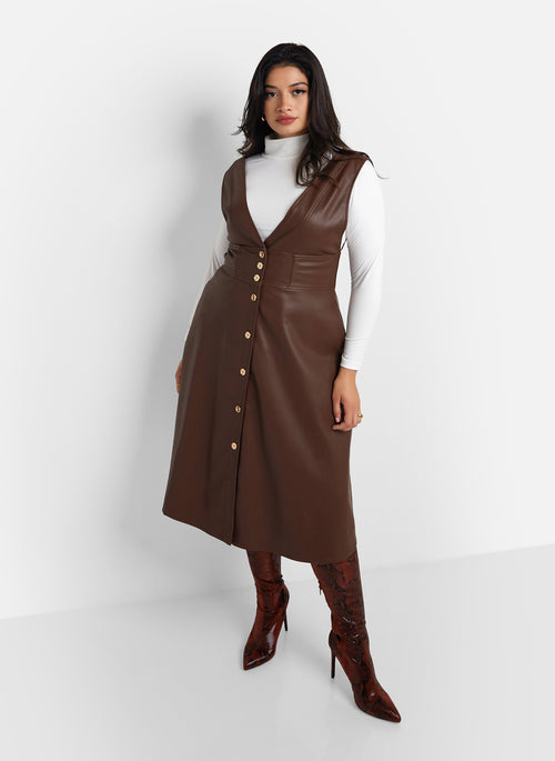 Quinn Vegan Leather Button Front Pinafore Dress - Chocolate