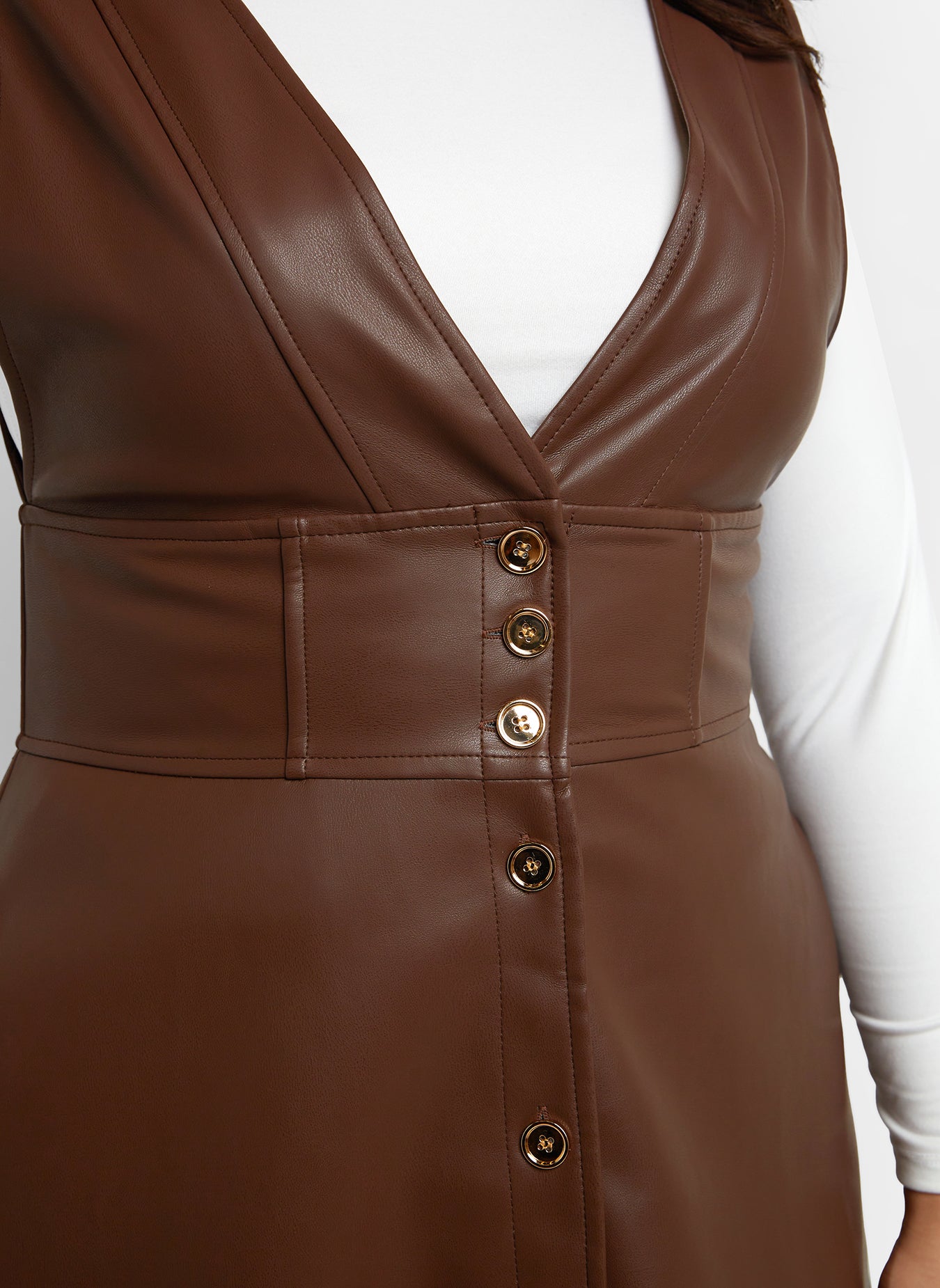 Quinn Vegan Leather Button Front Pinafore Dress - Chocolate