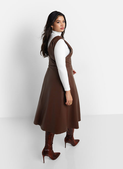 Quinn Vegan Leather Button Front Pinafore Dress - Chocolate