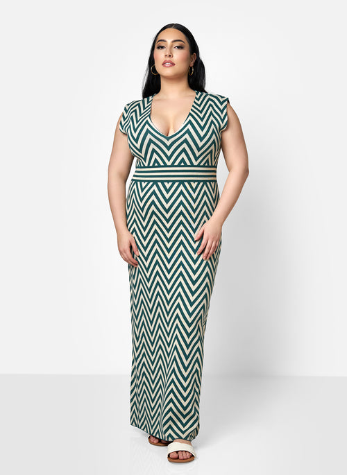 Rachida Knit Chevron V Neck Bodycon Dress