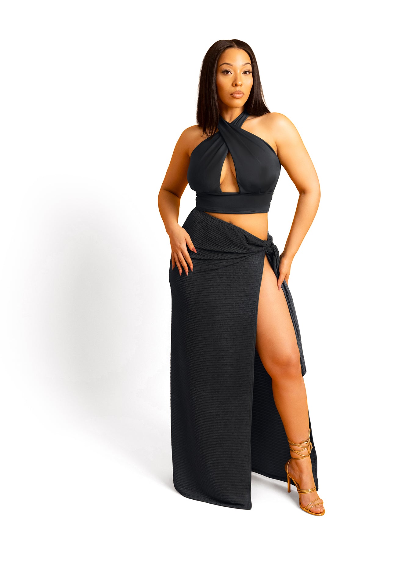 Dawn Textured Side Tie Maxi Skirt - Black