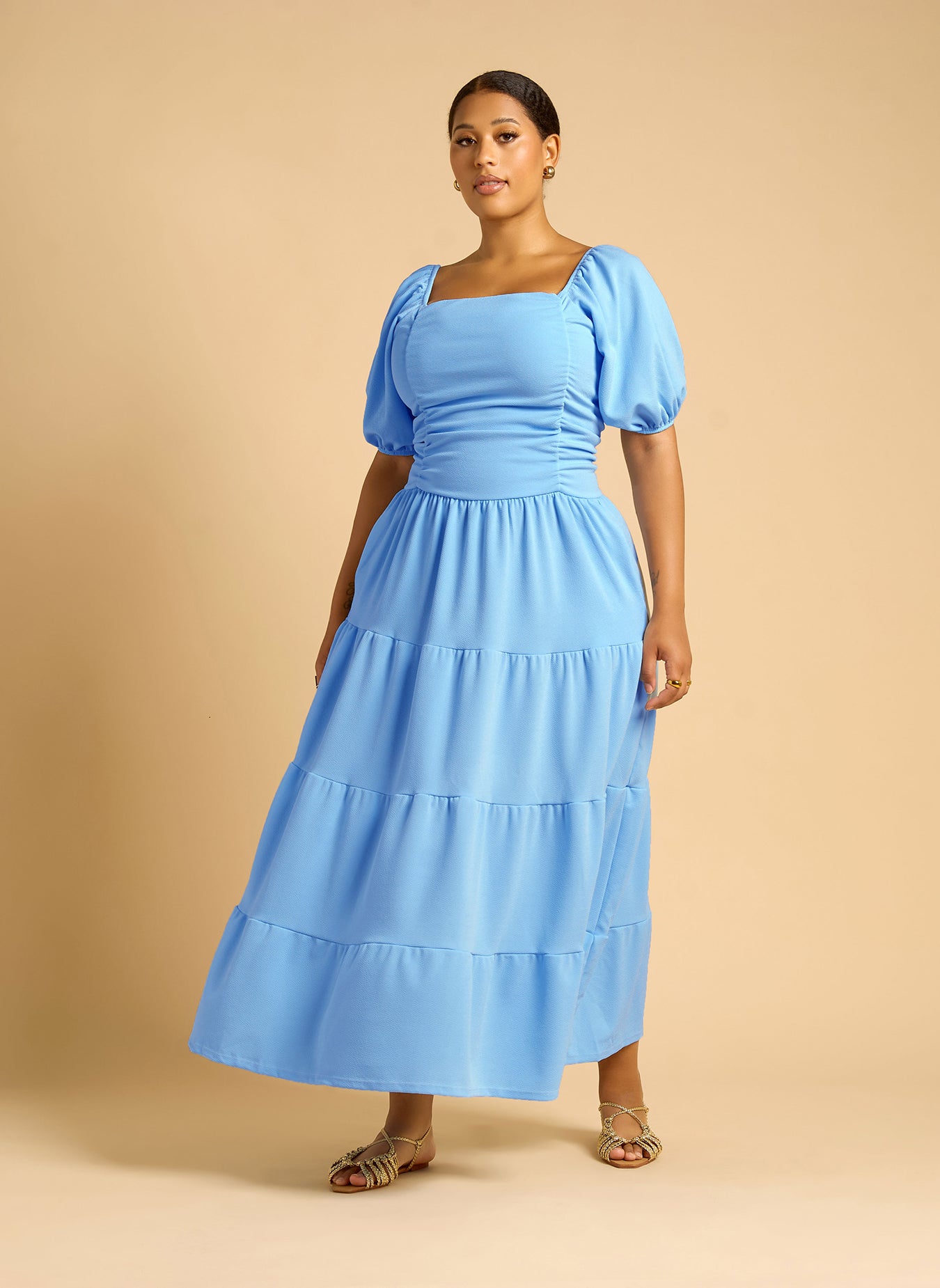 Lana Ruched Skater Tiered Maxi Dress - Blue