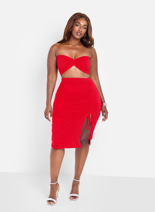 Jaycie Ruched Midi Skirt - Red