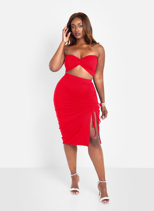 Jaycie Ruched Midi Skirt - Red