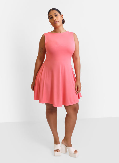 High Road Ribbed Mini Skater Dress - Bubble Gum Pink