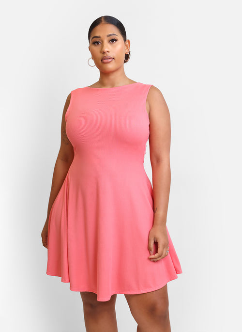 High Road Ribbed Mini Skater Dress - Bubble Gum Pink