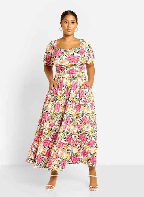 Lana Ruched Skater Maxi Dress - Floral