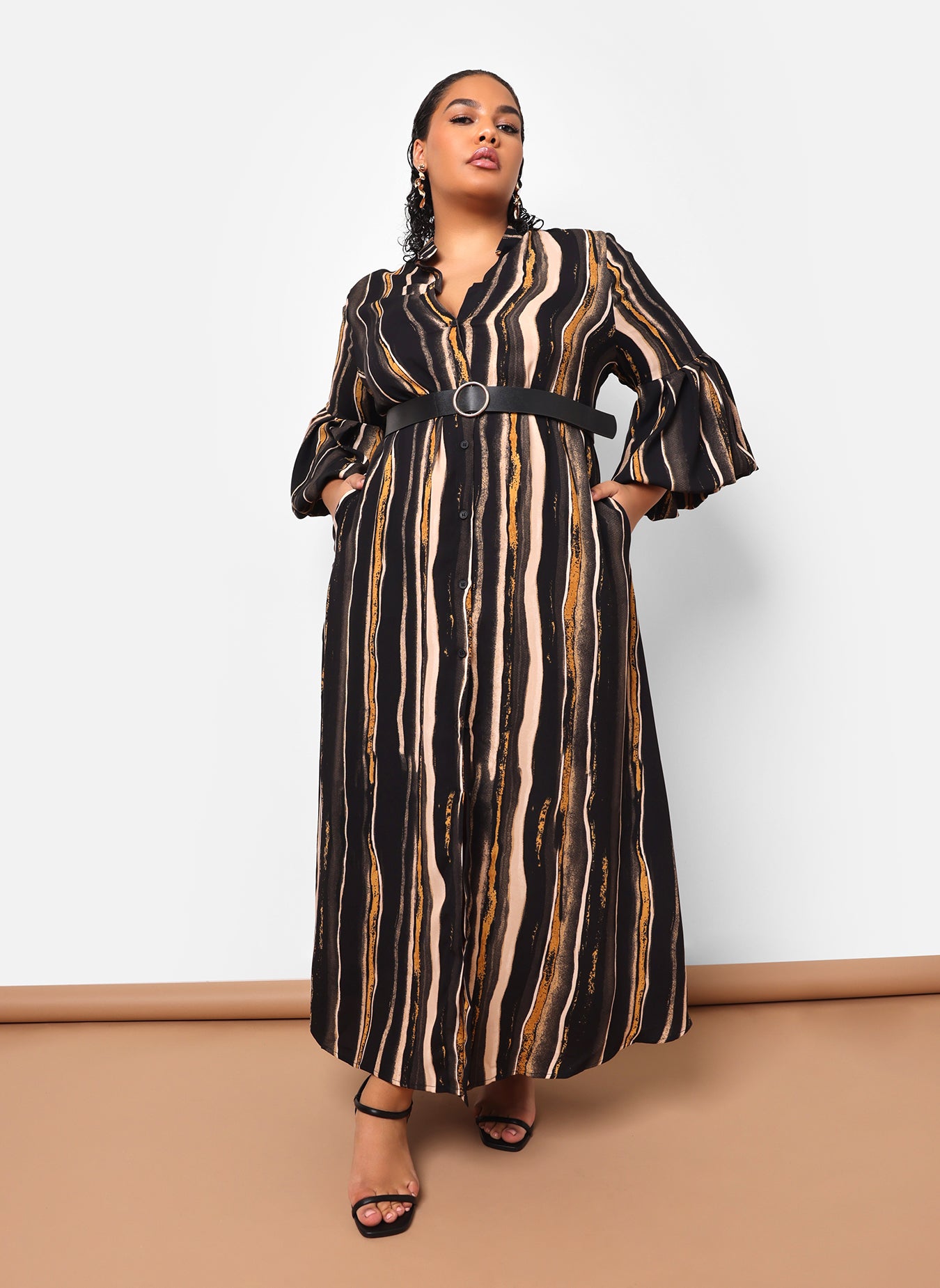 Imelda Stripe Print Puff Sleeve Oversized Maxi Dress