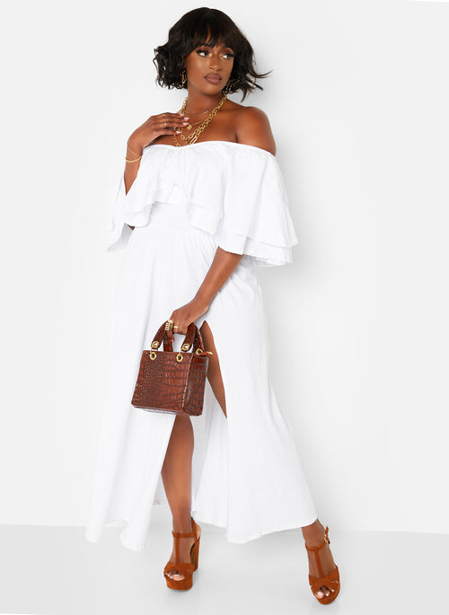 Rock The Boat Ruffle Over The Shoulder Side Slit Skater Maxi Dress